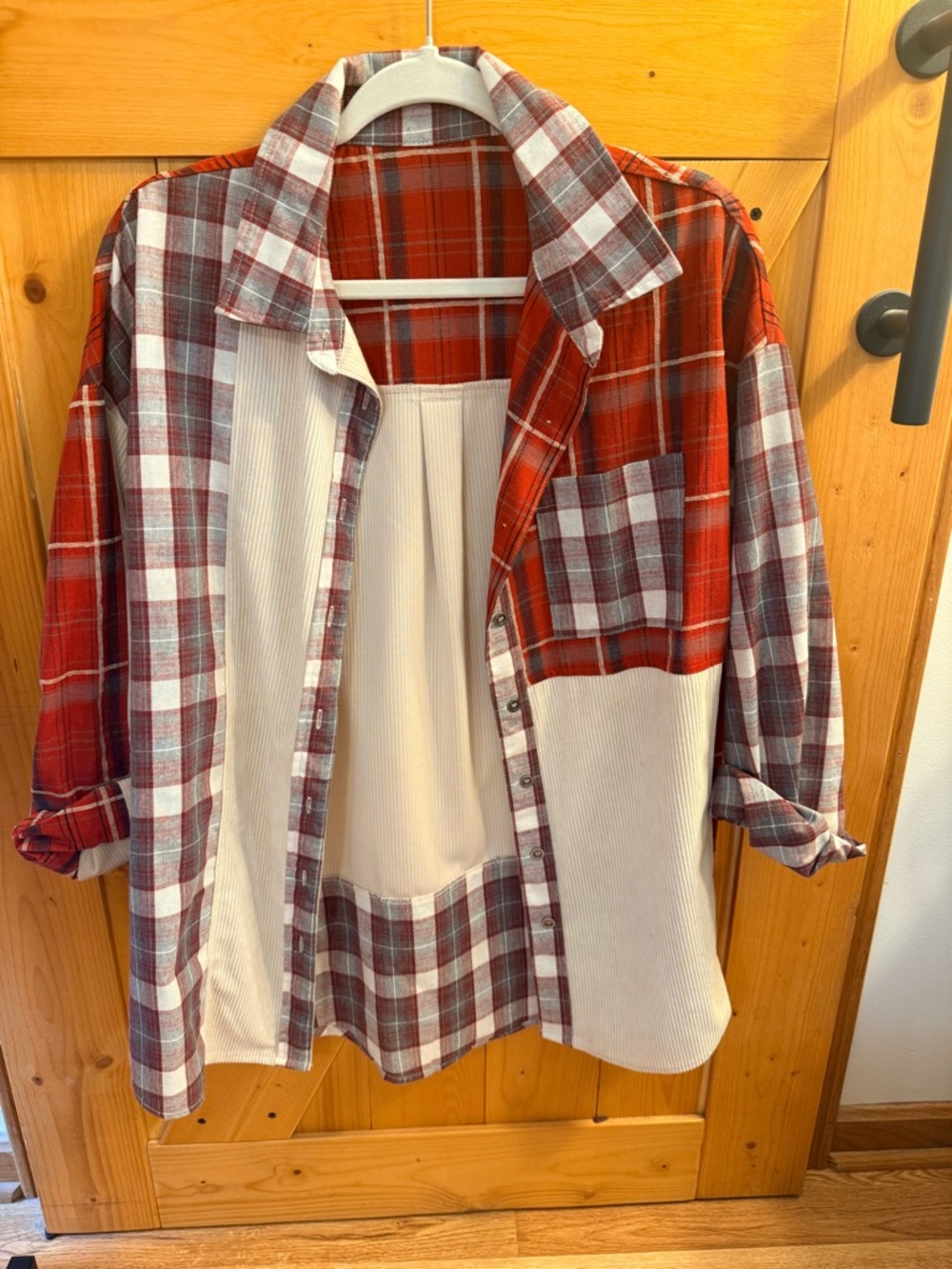 Mixed Plaid & Knit Button-Up Shirt Jacket in Red and Cream